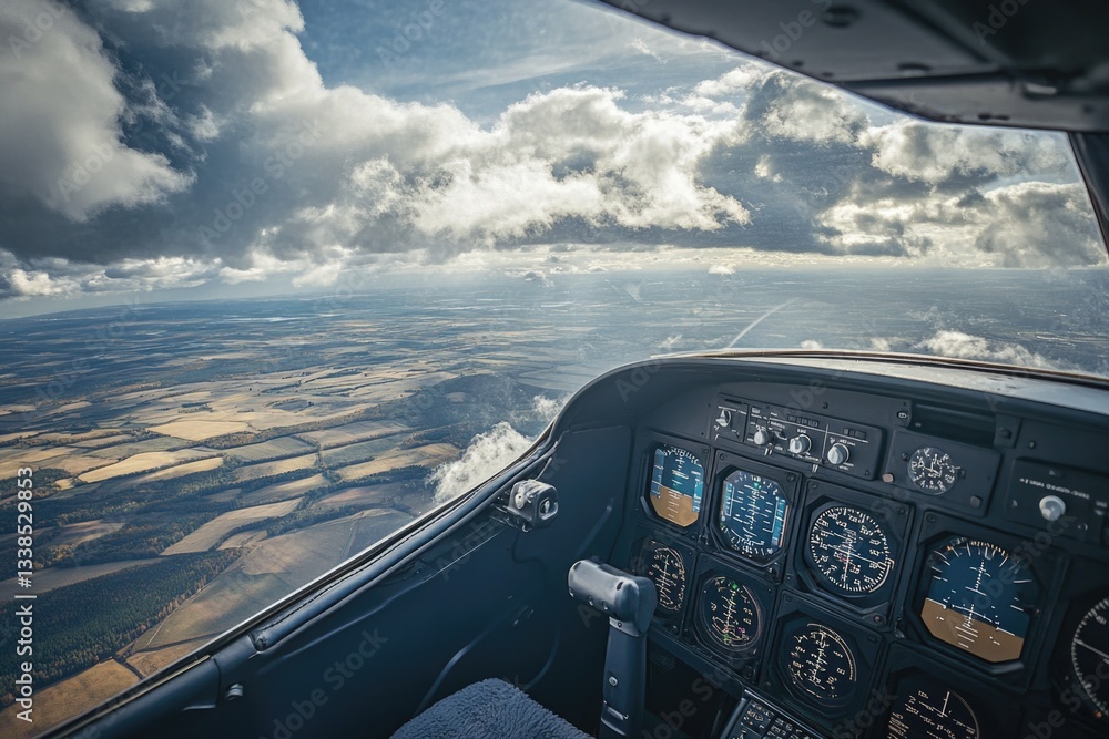 Aufkleber Pilot's view from a small airplane cockpit during flight over an open field