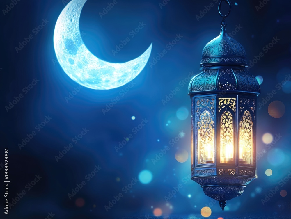 Poster A lantern hangs from a string, set against a backdrop of a crescent moon