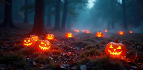 The ground is covered with a circle of softly lit jack o lanterns, fog, lanterns