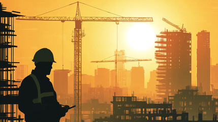 Construction Worker Overlooking City Skyline &ndash; Industrial Progress and Urban Development, Labor industry professional image, 