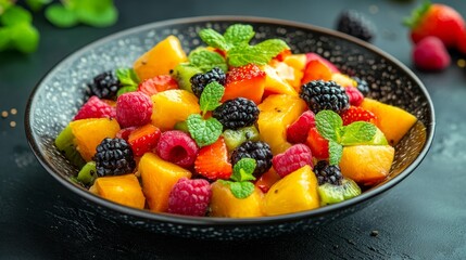 Fresh Summer Fruit Salad with Mango, Strawberry, Kiwi, and Blackberry on Black Background