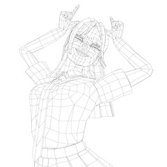 A woman is drawing a cartoon of herself with her hands on her head. She is smiling and has a playful expression