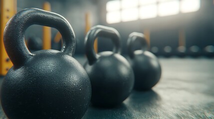 A close-up view of kettlebells arranged in a gym, highlighting their textured surfaces and the blurred background of workout space.