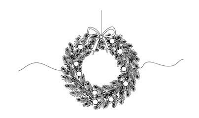 christmas wreath pine branches bow vector monoline one line line art sketch illustration © Wieslaw