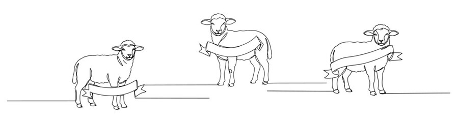three lambs ribbons vector monoline one line line art sketch illustration