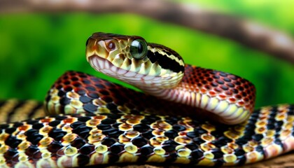 Naklejka premium A vibrant close-up of a colorful snake, showcasing its intricate patterns and textures against a lush green background. Perfect for wildlife and nature projects.