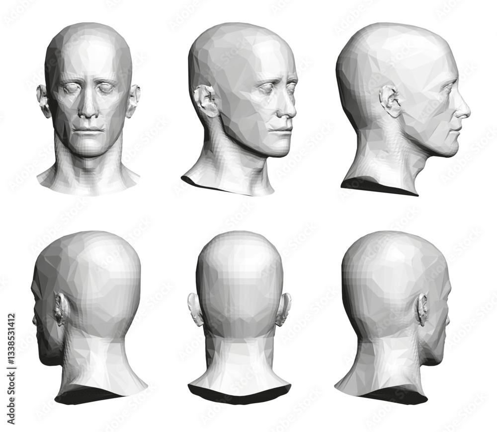 Poster the image is a series of six different views headshots of a man's head. the head are all in black an