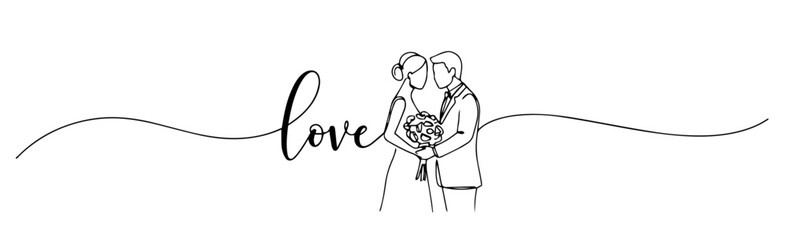 young couple in love with love text monoline vector, one line romantic illustration