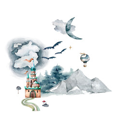 Castle and Dragons. Fairy forest watercolor. Night nature dreaming