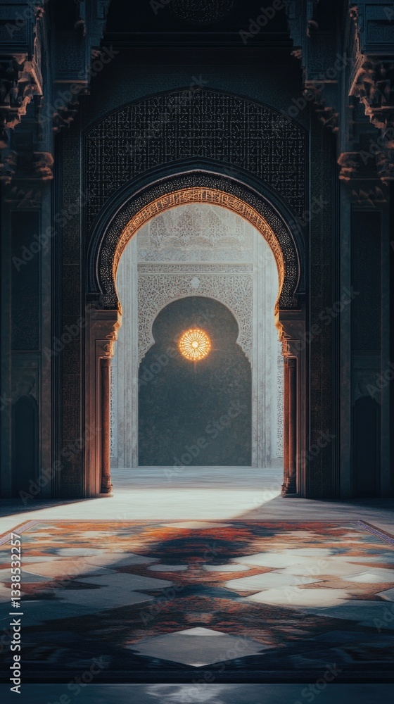 Poster An ancient archway featuring a large clock in the center, perfect for use in historical or fantasy settings