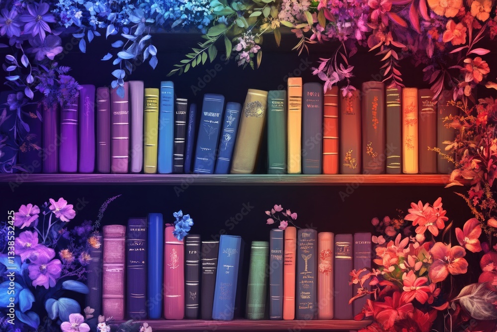 Aufkleber a close-up shot of a bookshelf filled with numerous colorful books, suitable for use in educational 