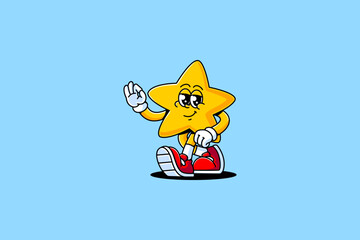 star, shiner, medal, asterisk retro cartoon character mascot illustration with walking pose and showing ok check hand for game, party, toys mascots and merchandise