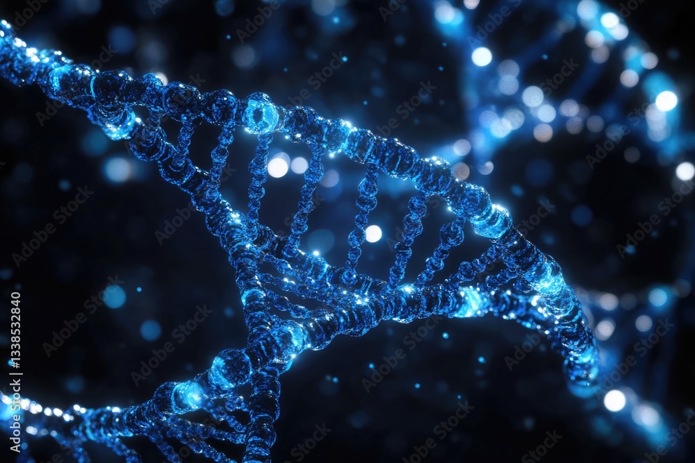 Poster a detailed view of a molecular structure with blue strands representing dna, useful for scientific o