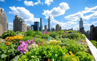 Fototapeta premium Diverse garden flourishing on rooftop with a vibrant skyline of New York City in the background