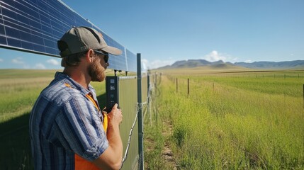 Technician adjusting solar tracking system on farm