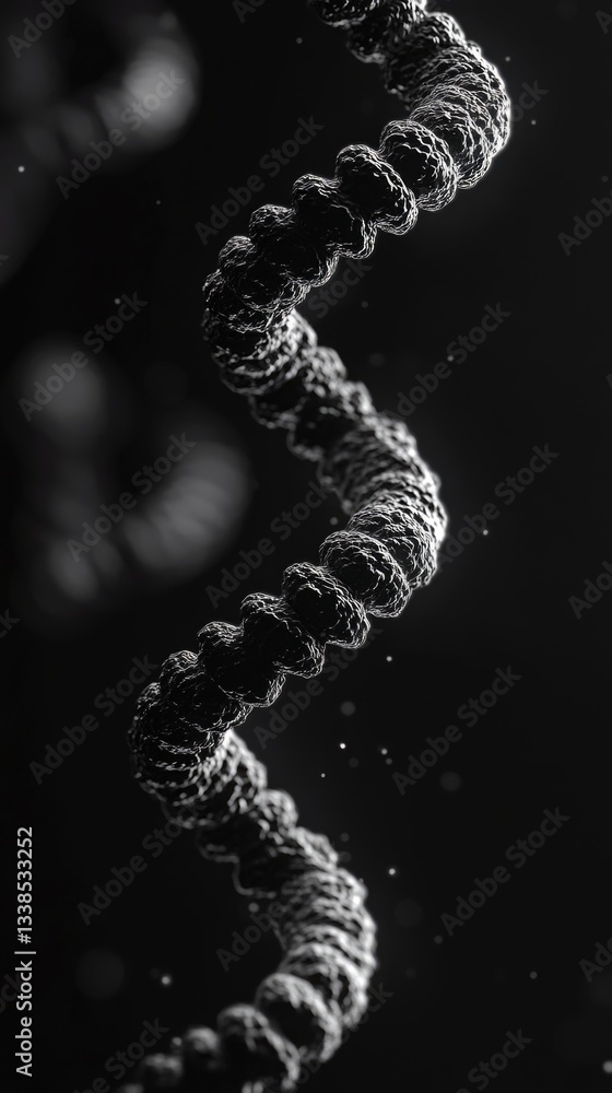 Poster A close-up view of a double helix DNA molecule, composed of two complementary strands of nucleotides