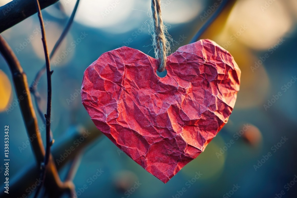 Poster a delicate paper heart hangs from a tree branch, symbolizing love and affection