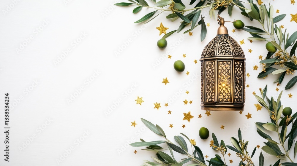 Poster a decorative lantern with olives and stars on a white background, perfect for use in still life phot