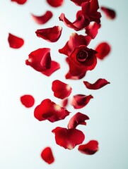 Romantic red rose petals falling gracefully against a serene light blue background creating a captivating floral display