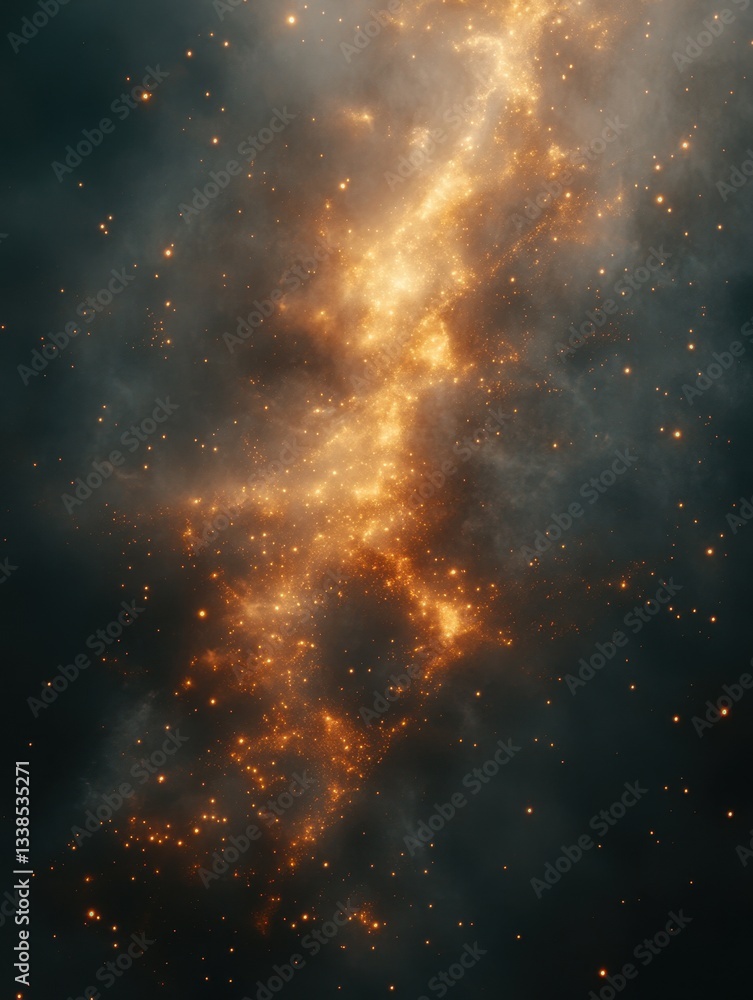 Poster ethereal golden nebula with sparkling stars against a dark cosmic backdrop creating a celestial atmo