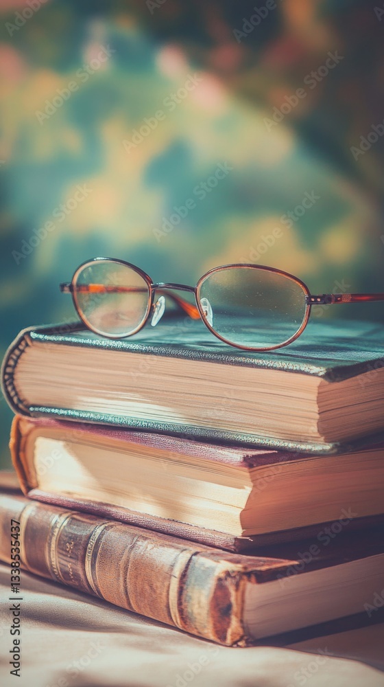 Poster a stack of books with reading glasses on top