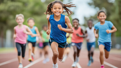 Energetic girl running with friends on sunlit track, radiating childhood happiness and boundless athletic spirit