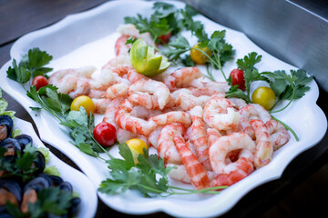comida, marisco, fresco, delicioso, sabroso, salado, del mar, verde, limón copetín, alimento, cena, camarones, peces, salubre, almuerzo, cocina, epicúreo