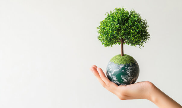 Nurturing miniature globe with growing tree, representing global environmental care and green sustainability efforts