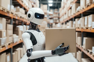 Robotic worker carrying cardboard box inside automated warehouse, representing ai-driven logistics efficiency