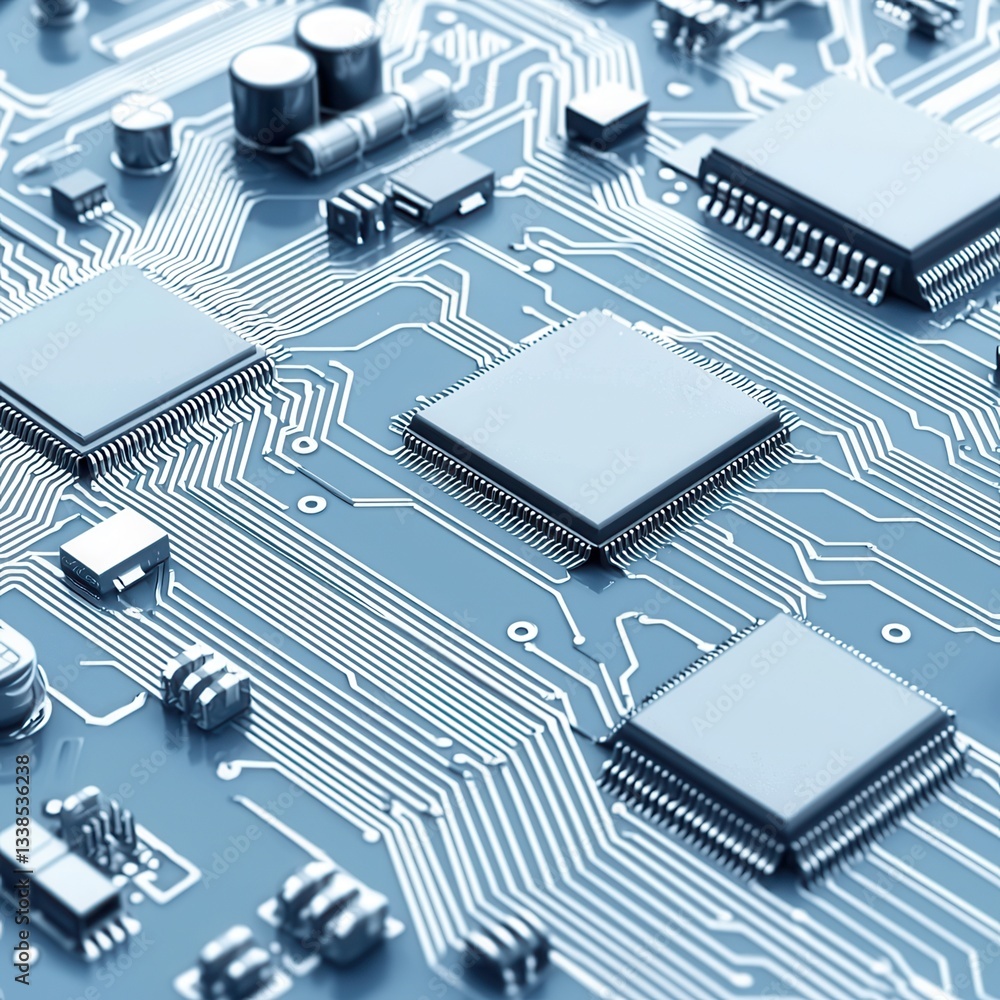 Poster future electronic circuit concept, close-up of a circuit board with microchips and electronic compon