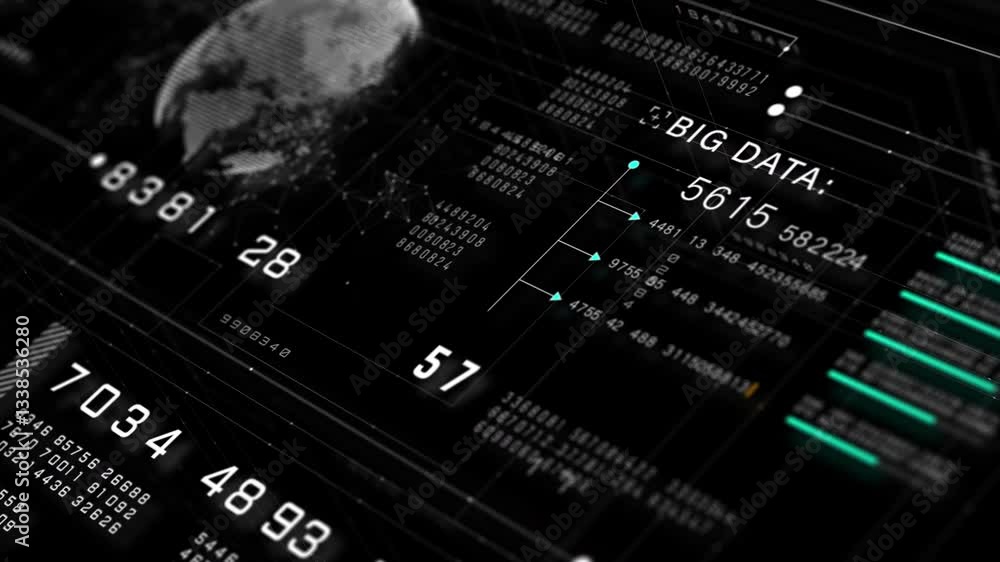 Poster high-tech digital dashboard with big data analytics, futuristic information display, and global netw