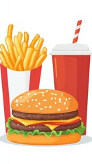 Delicious Cartoon Fast Food Combo Featuring Burger Fries and Soda on a Clean White Background Perfect for Digital Design Projects and Food Illustrations