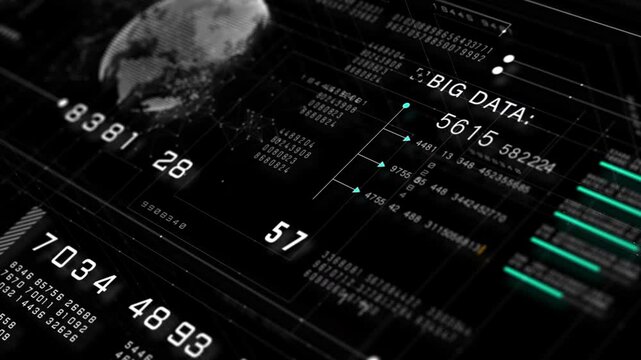 High-tech digital dashboard with big data analytics, futuristic information display, and global network visualization in a black and white theme. Technology abstract background