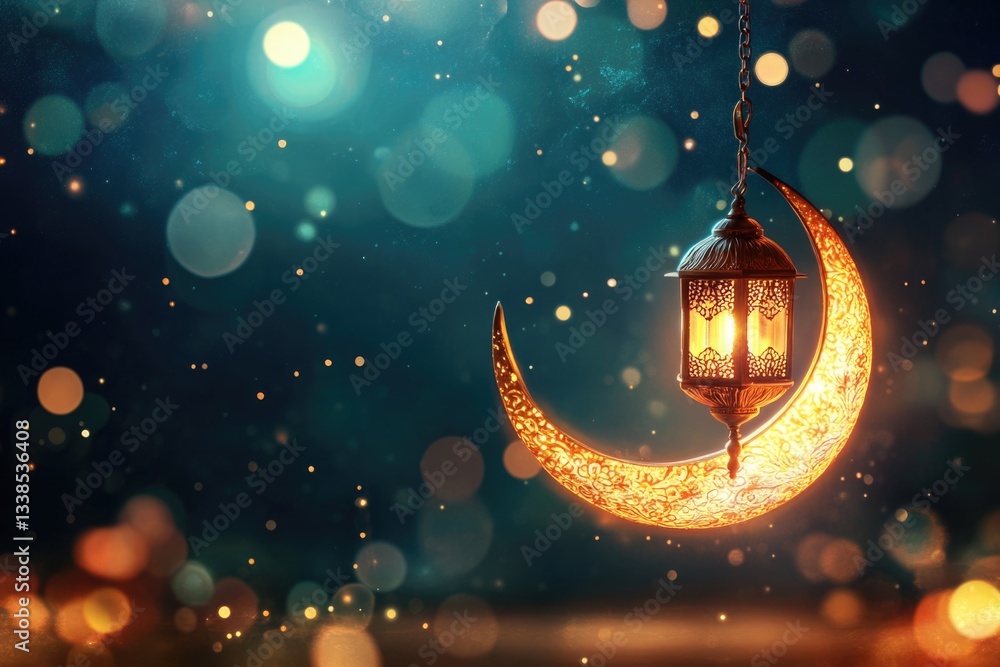 Poster a crescent-shaped lantern suspended from a string, providing soft light