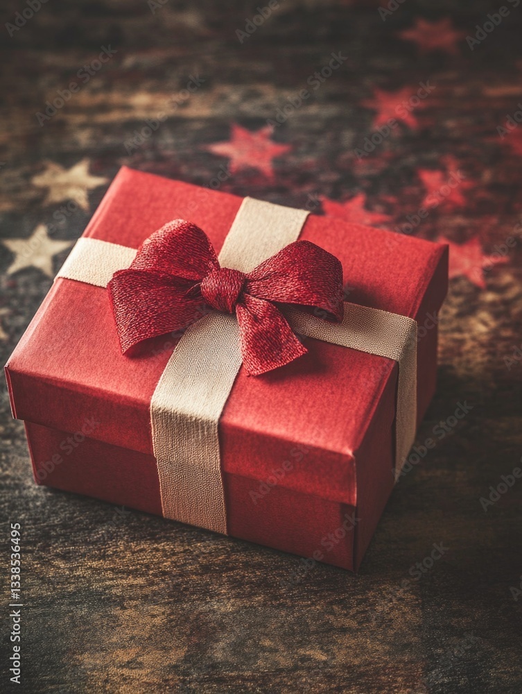 Poster a red gift box with a ribbon tied around it, placed on a table