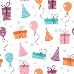 Happy birthday seamless pattern, celebration gift vector illustration, gift, balloon, candle, party