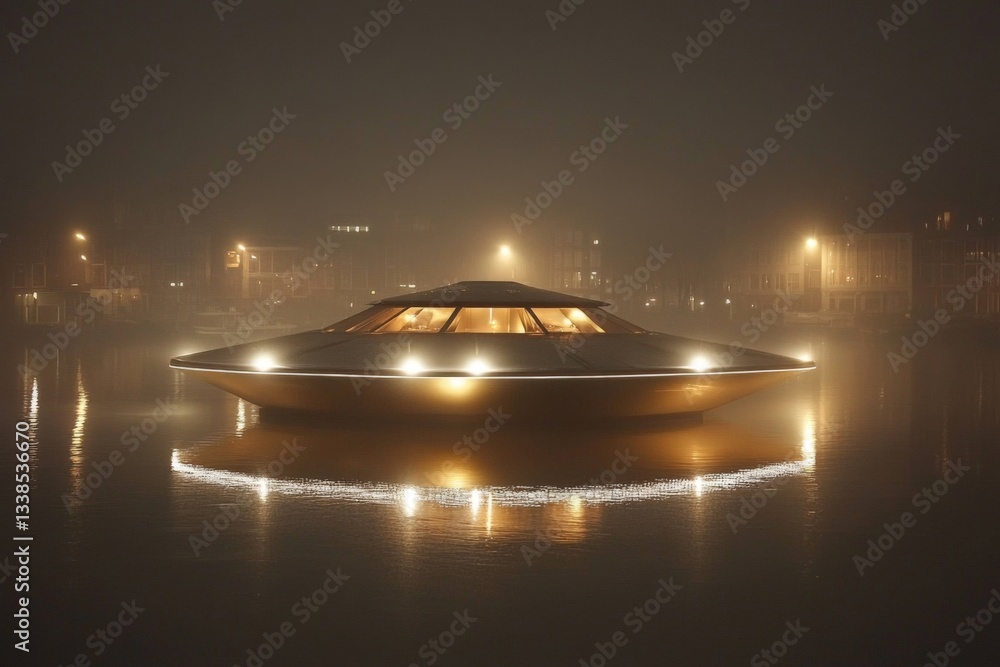 Poster futuristic floating structure illuminated in fog over a serene waterway at night
