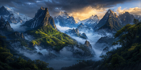 Obraz premium The dramatic contrast of jagged mountains against a stunning sunset, with fog rolling through valleys, creating a breathtaking tapestry of colors and textures.