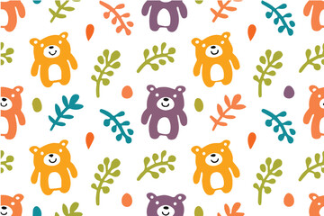 seamless pattern with funny animals,Seamless vector pattern of hand-drawn cute forest animal bear in a playful doodle style. Soft pastel colors, clean white background