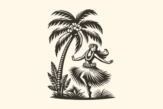 drawing of a hula dancer and palm tree in a tropical scene
