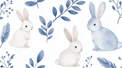 Fototapeta premium Whimsical watercolor bunnies with leaves and feathers