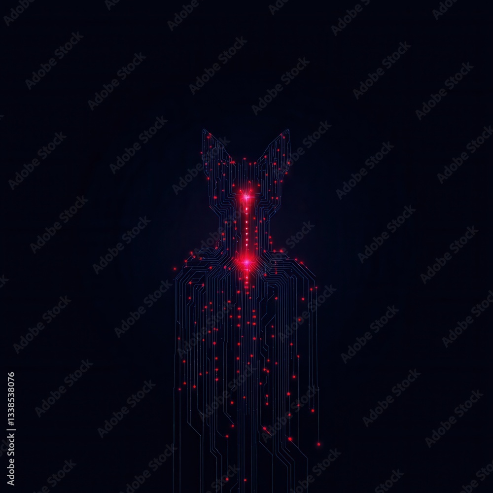 Poster future electronic circuit concept, abstract digital figure with circuit-like design and glowing elem