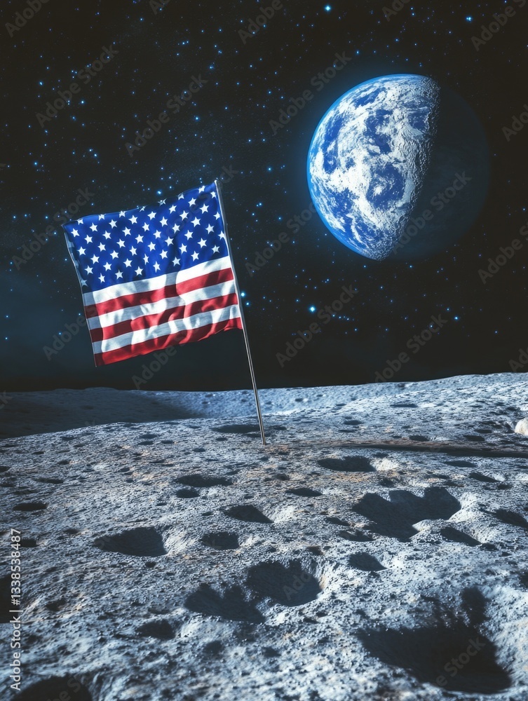 Poster a symbolic representation of american achievement on the moon, with the earth visible in the distanc