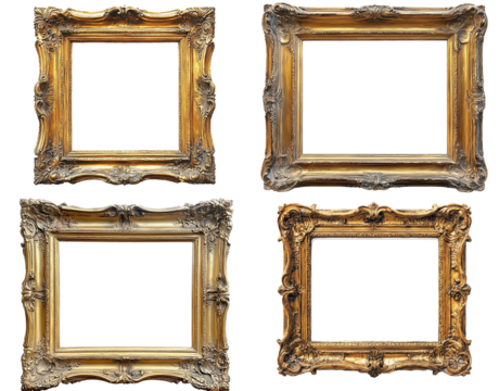 Collection of four ornate golden picture frames isolated on Transparent PNG