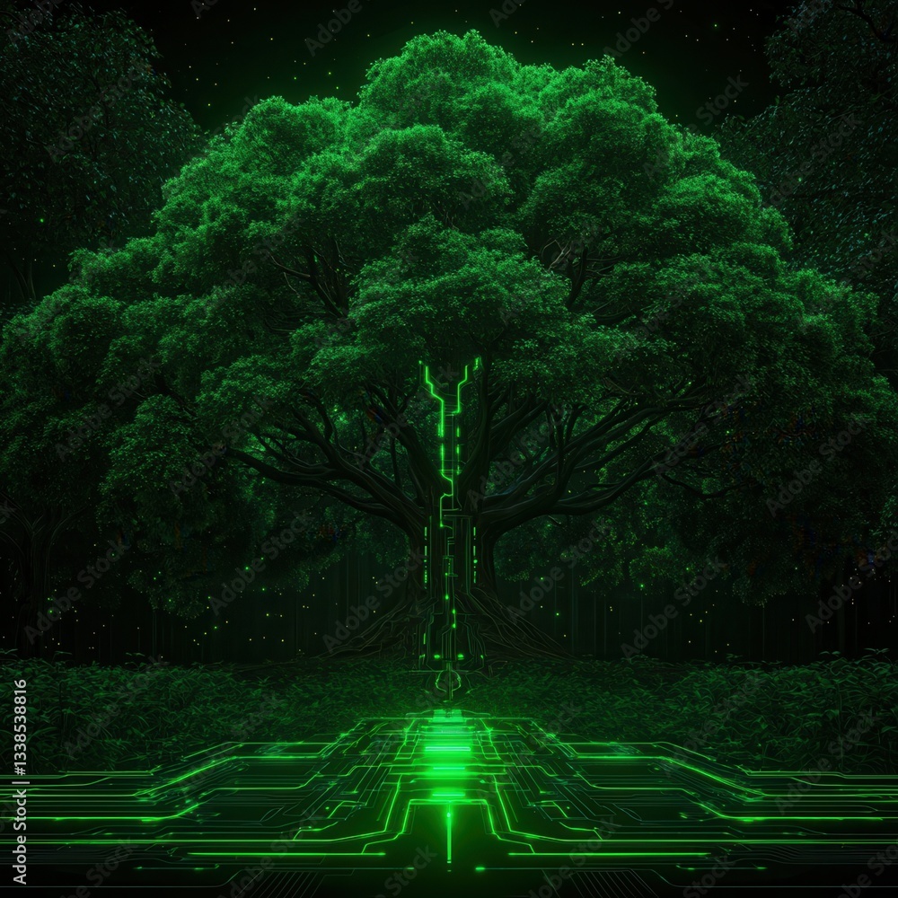 Aufkleber future electronic circuit concept, futuristic tree with circuit patterns and green glow in a digital