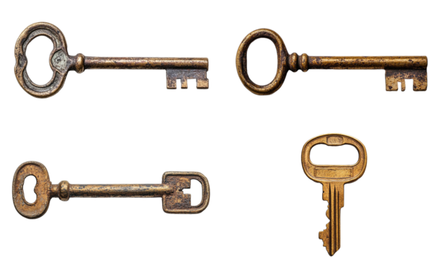 Collection of Antique Keys  Vintage Metal Keys with Unique Designs and Rustic Patina isolated on Transparent PNG