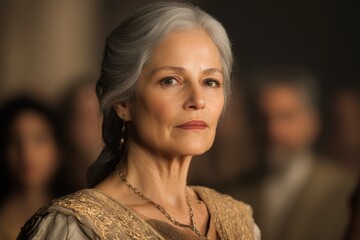 Elegant woman with silver hair gazes thoughtfully during an event in a historical setting