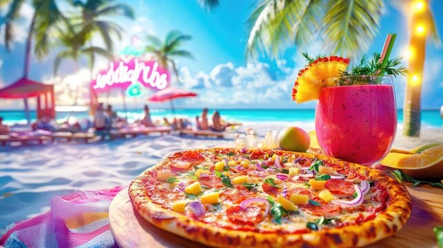 Delicious Pizza and Pink Tropical Cocktail on Sunny Beach