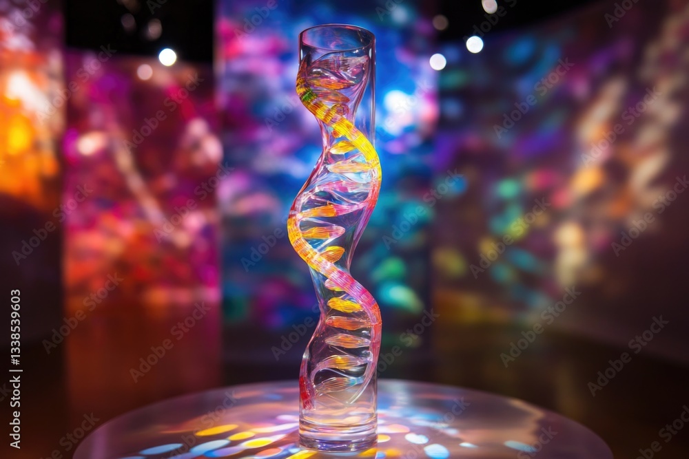 Poster a clear glass with a spiral design on the inner surface, placed on a table