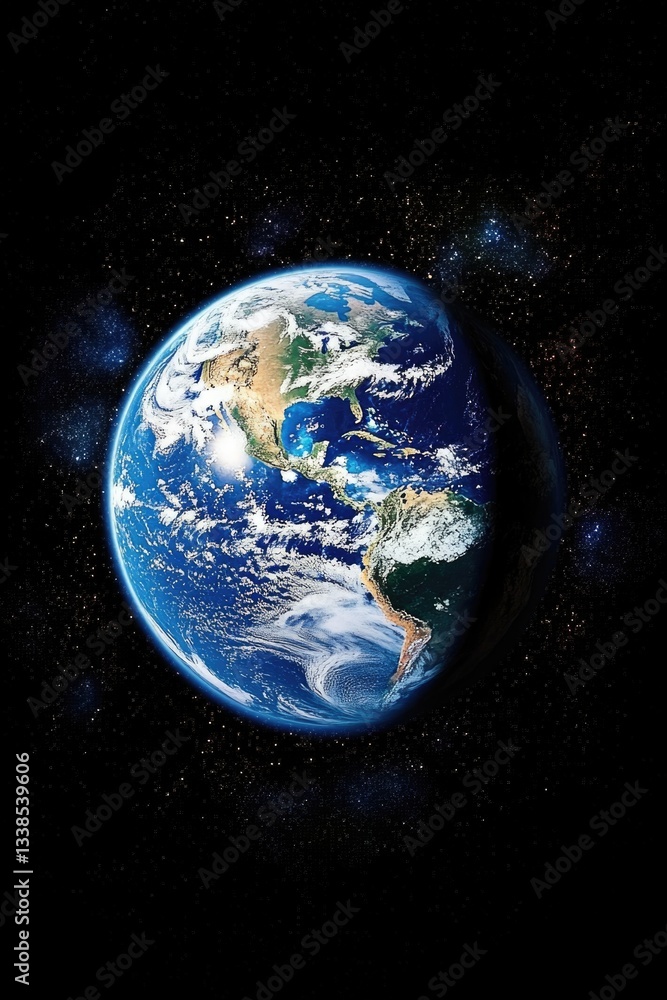 Poster a stunning image of our planet seen from outer space, surrounded by twinkling stars